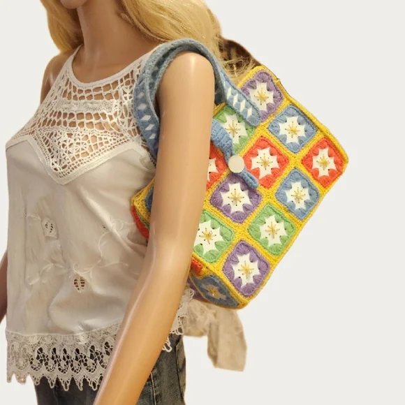 Bohemian VINTAGE Colorful CRAFTED Crochet Tote Bag - Picture 2 of 16